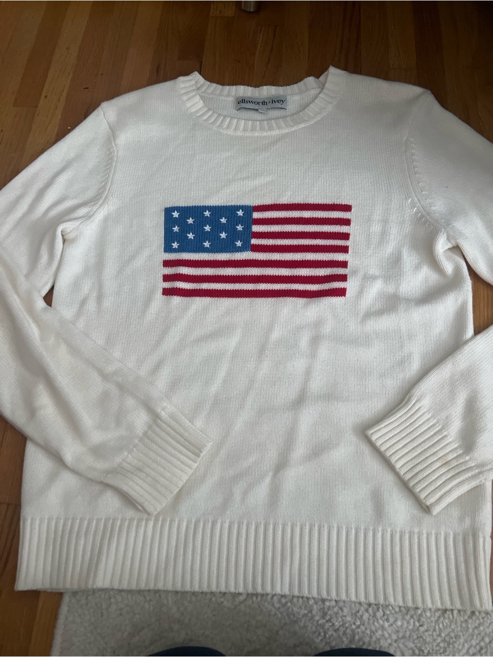 Ellsworth & Ivey White Crewneck Sweater with Flag Motif